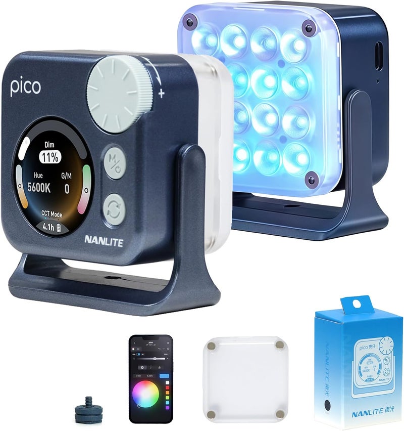 NANLITE ضوء ملء LED محمول بيكو - ألوان RGB كاملة، ملحق قابل للتثبيت للهواتف/الكاميرات للتصوير الفوتوغرافي، البث المباشر، إنشاء محتوى الفيديو (أزرق منتصف الليل) - Image 1